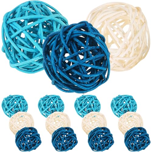 DOITOOL 15 Pièces Boules Décoratives en Rotin Naturel - Sphères Tressées 5cm Blanc Bleu Marine et Clair - Accessoire Diffuseur Huiles Essentielles pour...