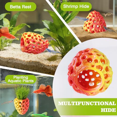 Image of Shrimp Dome Hide, Shrimp Hides for Aquarium, Betta Fish Hideout with Suction Cup, Betta Habitat Tank Ornament Accessories, Aquarium Decor for Small Fish Guppy Hiding Resting (Gold Red)