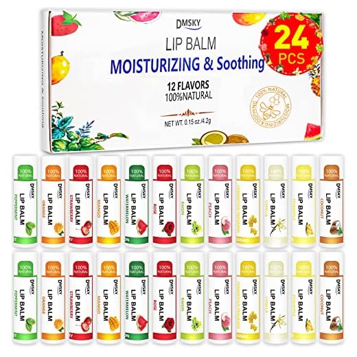 DMSKY 24-Pack Vitamin E Lip Balm with Coconut Oil -100% Natural Ingredients- Lip Moisturizer Treatment - Moisturizing, Soothing, Chapped Lips. Assortment of 12 Flavors