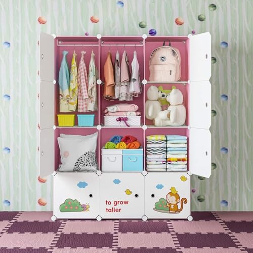 Image of Mevigo Foldable Plastic Wardrobe for Clothes - 12- Door Baby Cupboard for Clothes Storage, Wardrobe for Kids, Plastic Almirah, Collapsible Wardrobe for Kids Livingroom & Home -Pink-R5