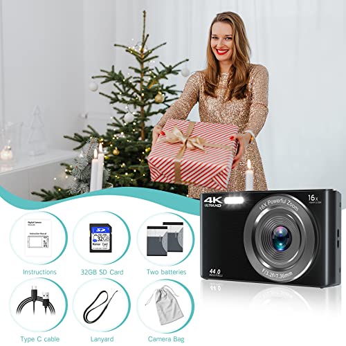 Saneen Digital Camera, 4K Cameras For Photography, 44Mp Compact Point And Shoot Photography Cameras For Teens, Kids, Elder, Beginners, 16X Digital Zoom, With 32Gb Sd Card & 2 Batteries - Black #TOP6