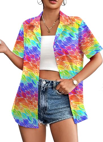 Image of tiorhooe Pride Shirt Women Heart Rainbow Graphic T Shirt Causal Hawaiian Pride Button Down Tops (Multicolor-Pride3,S