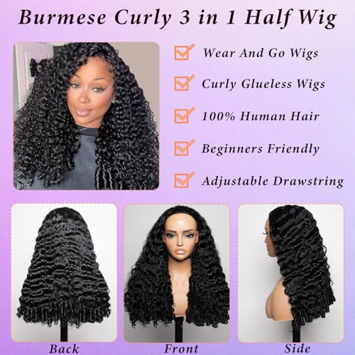 Image of Celiarita Burmese Culry Half Wig Human Hair 28 Inch Curly 3 In 1 Seamless Flip-Over Drawstring Half Wigs Spiral Ends Glueless Wear and GO Wig Beginner-Friendly