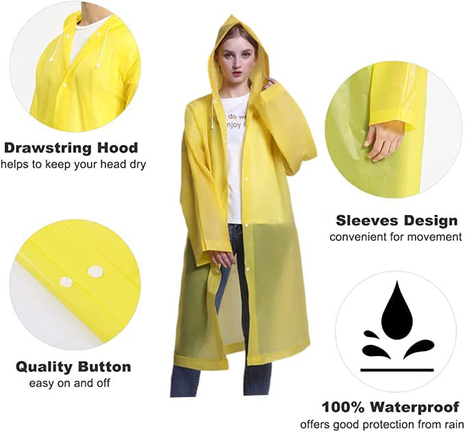 GUKOY Regenponchos für Erwachsene, wiederverwendbar, 2er-Pack, Regenmäntel Notfall für Frauen Männer mit Kapuze und Kordelzug, Gelb+Gelb