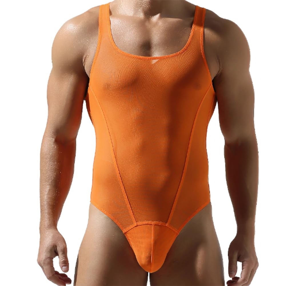 Men One Piece Sports Singlet Sleeveless Jumpsuit Wrestling Uniform - M - orange