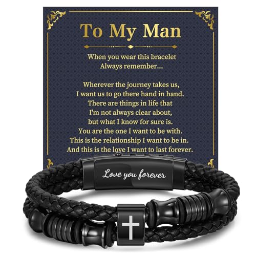 Easter Leather Cross Bracelet Gifts for Men - Adjustable Black Double-Row Braided Leather Cuff Bracelets Faith Religious Catholic Christian Communion Baptism Jewelry Gift for Men Boyfriend Husband Him