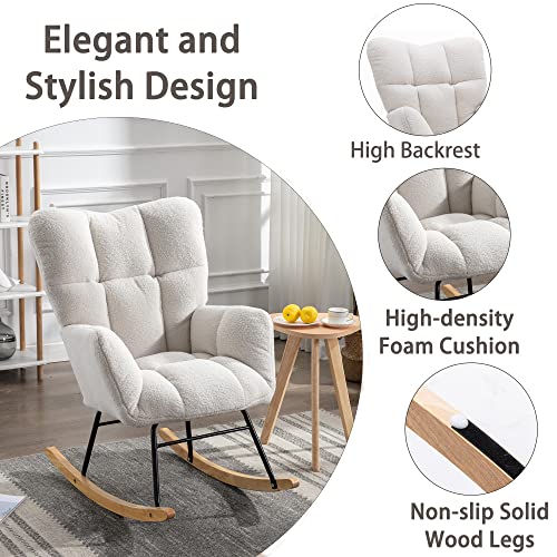 Krinana Teddy Fabric Nursery Rocking Chair, Rocker Armchair With Solid Wood Legs, Glider Chair Nursery With High Backrest For Living Room Apartment (Teddy Fabric, Ivory White) #TOP5