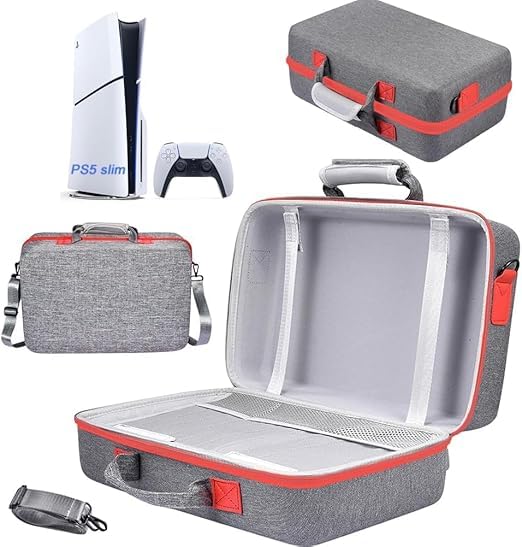 Image of PSS Storage Bag for PS5 Slim, Hard Travel Carrying Case Compatible for PS5 Slim, Waterproof Shoulder Bag with Both Side Compartments Travel Accessories for PS5 Slim Disk / Digital (Grey)