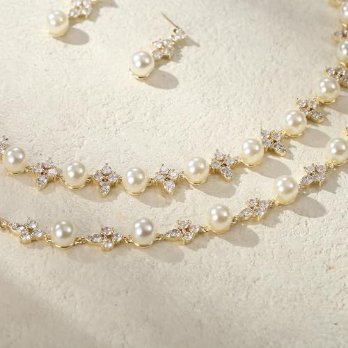 Image of EVER FAITH Cubic Zirconia Pearl Leaf Bridal Jewelry Set for Bride Women