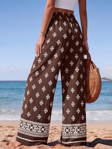Image of PRETTYGARDEN Womens Pants Elastic Waist Floral Lightweight Palazzo Pants for Women Casual Lounge Wide Leg Pants Woman