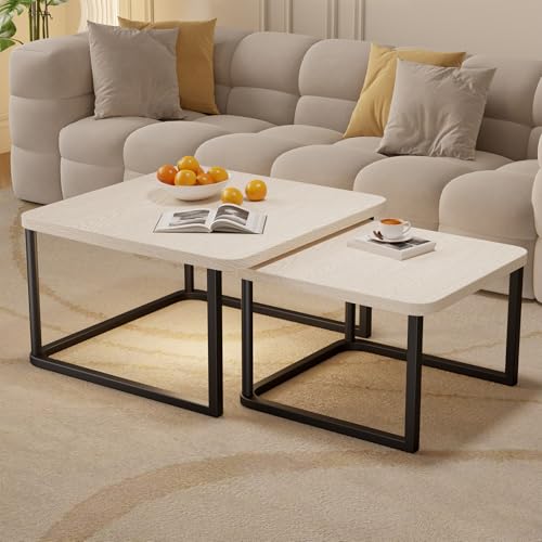 Hawthyhome 2 Stücke quadratisch Set rund, Couchtisch aus Holz mit Metallrahmen,Moderne Kaffeetische Satztische für Wohnzimmer Schlafzimmer Weiß