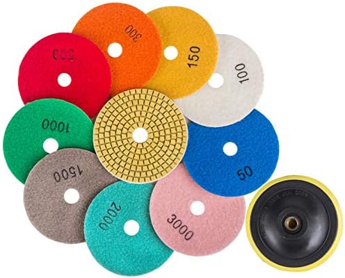 STEBRUAM 13 Pcs Diamond Polishing Pads Kit 4 inch Wet/Dry for Granite Stone Marble Floor Concrete Polishing Use Grinding Discs Set 50#-3000# Grits,100mm M14 Thread Backing Pad & Sponge for Marble