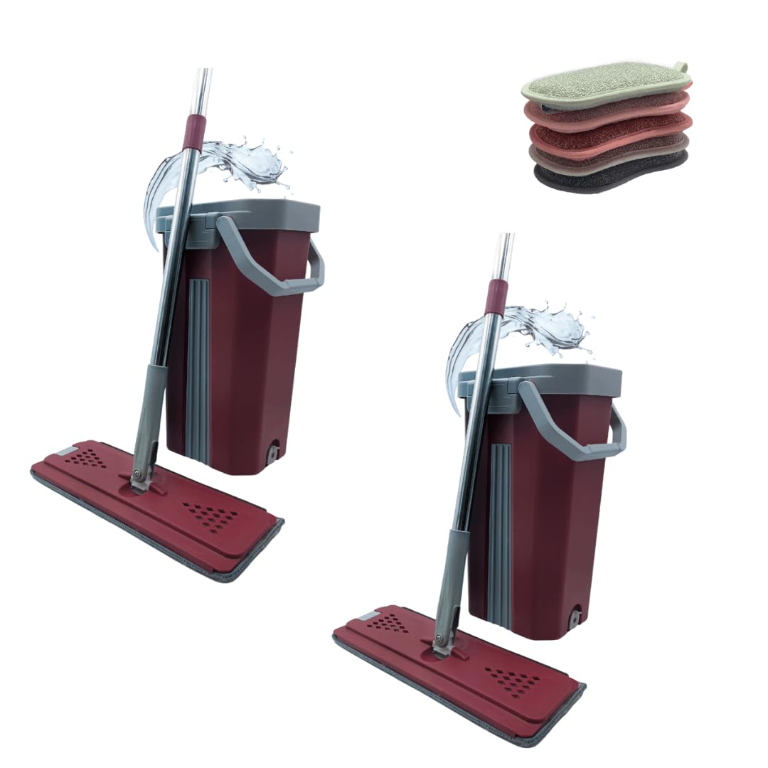 Venteo - Lot de 2 Balai ESSOREUR + 5 éponges Double-​Face Offerte - Balai Extra Large et tête pivotante 360° - Seau à 2 Compartiments Nettoyage et Essorage