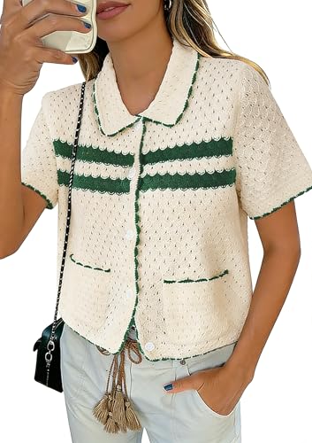 Image of Yousify Womens Casual Summer Short Sleeve Sweaters Button Down Crochet Knit Tops 2026 Loose Cute Cardigan Sweater