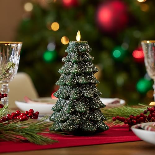 Image of Luminara Christmas Tree Flameless LED Candle, Dark Green 5.35 inch x 8.5 inch, Moving Flame Battery Operated Timer, Holiday Decor, Glitter Snow Finish Safe