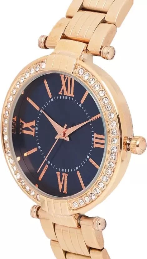 Image of EVRGLOW Analogue Wrist Watches for Women's & Girls&Miss&Ladies Luxury Blue Dial with Roman Marker in Diamond Studded Round case with Rose Gold brecelet Strap Stylish Quartz Watches