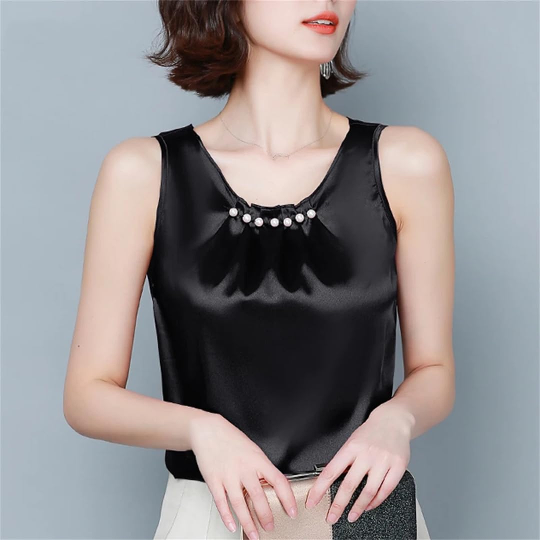 Donne Perline Gilet Senza Maniche Top Tinta Unita In Raso Di Seta Canotte