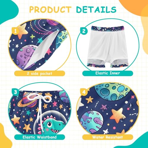 Boy Swim Trunks with Compression Liner Cartoon Space Dinosaur Boys Swim Shorts Quick Dry Beach Shorts4