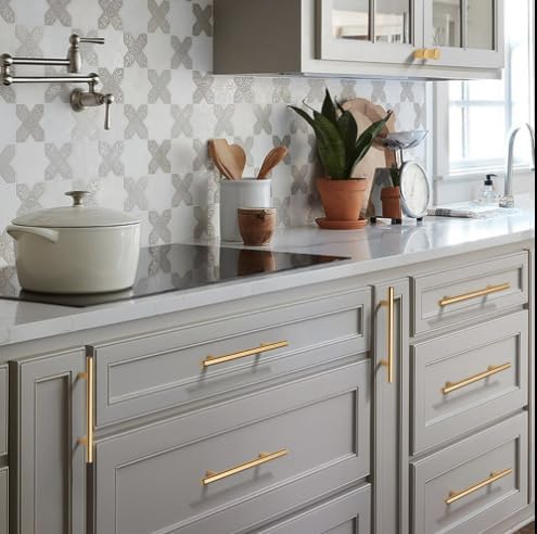 Miniatura 6 de Paquete de 10 tiradores de gabinete modernos dorados de latón cepillado, manijas de puerta de cocina para armarios, pomos de armario, aparador,