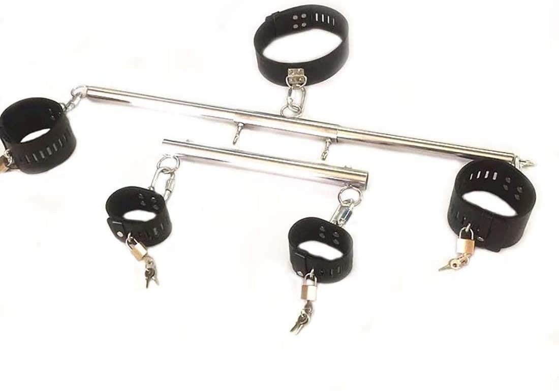 BDSM Kits De Bondage For Couples Menottes Barre D'écartement en Acier Inoxydable Ajustable Écarteur de Jambes Avec Col en Cuir/Cou/Cheville Système De Retenue Contraintes Sex Toys Esclave Fétiche