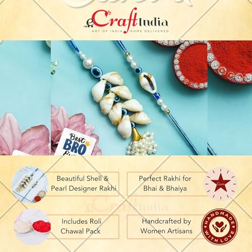 Image of eCraftIndia Beautiful Shell Pearl Designer Bhaiya Bhabhi Rakhis with Best Bro Ever Fridge Magnet | Set of 2 Rakhi for Brother and Bhabhi | Lumba Rakhi | Roli Chawal Pack