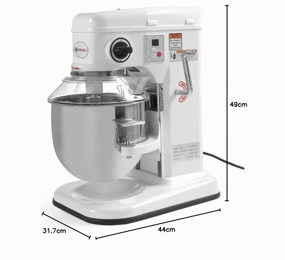 HENDI Planetenrührer, Küchenmaschine, Digitales Bedienfeld, inkl. Schüssel, Schläger, Schneebesen, Teighaken, Eingebaute Sicherheitsabschalter, 7L, 230V, 650W, 240x420x(H)425mm, Gussstahl, Kunststoff