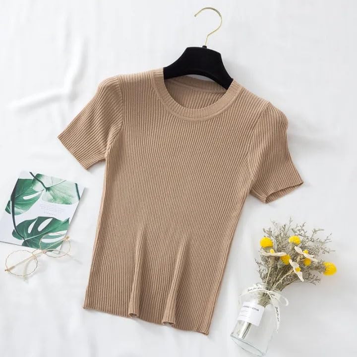 Image of Istyle Can Women Ribbed Slim Fit Top | Stretch Cotton Knit Crew Neck T-Shirt | Solid Casual Short Sleeve Tee for Office, Layering