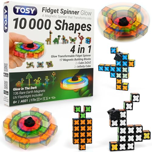 TOSY Magnet Fidget Spinner Glow - 16 Blocks 3 in 1 Toy: Transformable Fidget Spinner Infinity Cube 2x2 Puzzle Cube Glow Stress Relief STEM Magnet Tiles Birthday Gift for Kids/Boys/Girls/Adults