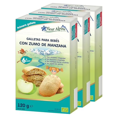 FLEUR ALPINE Galletas para Bebés con Jugo de Manzana - 18x2 Bocadillos Orgánicos para Papilla Suave para el Desayuno o un Refrigerio Diurno | Galletas Integrales Fáciles Sin Azúcar Añadida | 6 meses