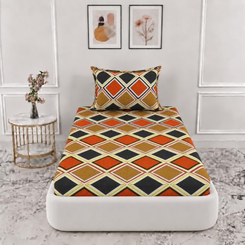 Image of VOMZER 300 Threadcount Elastic Fitted Bedsheets Single Bed with 1 Pillow Cover | Single Bed with All Around Elastic, Size 36 X 72 X 8 Inches Orange