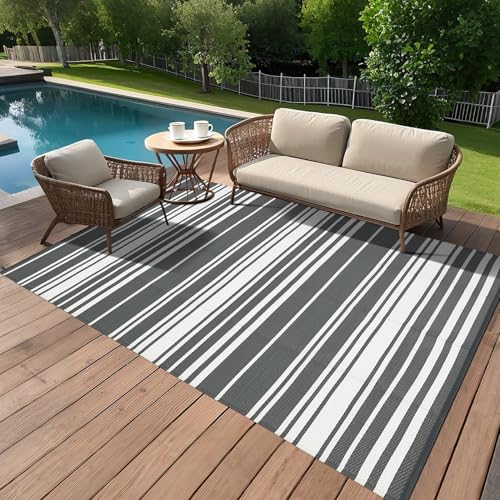 GAOMON 9x18 Modern Geometric Lines Outdoor Large Plastic Straw Rugs Non Shedding Reversible Indoor Outdoor Rugs UV-Resistant Portable Outside Carpet f