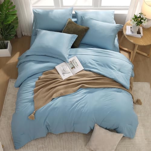 Image of Queen Comforter Set-7 Pieces Soft Prewashed Bed in a Bag Queen Bedding Sets | All Season Comforter with Sheets, Pillow Shams & Pillowcases, Sky Blue