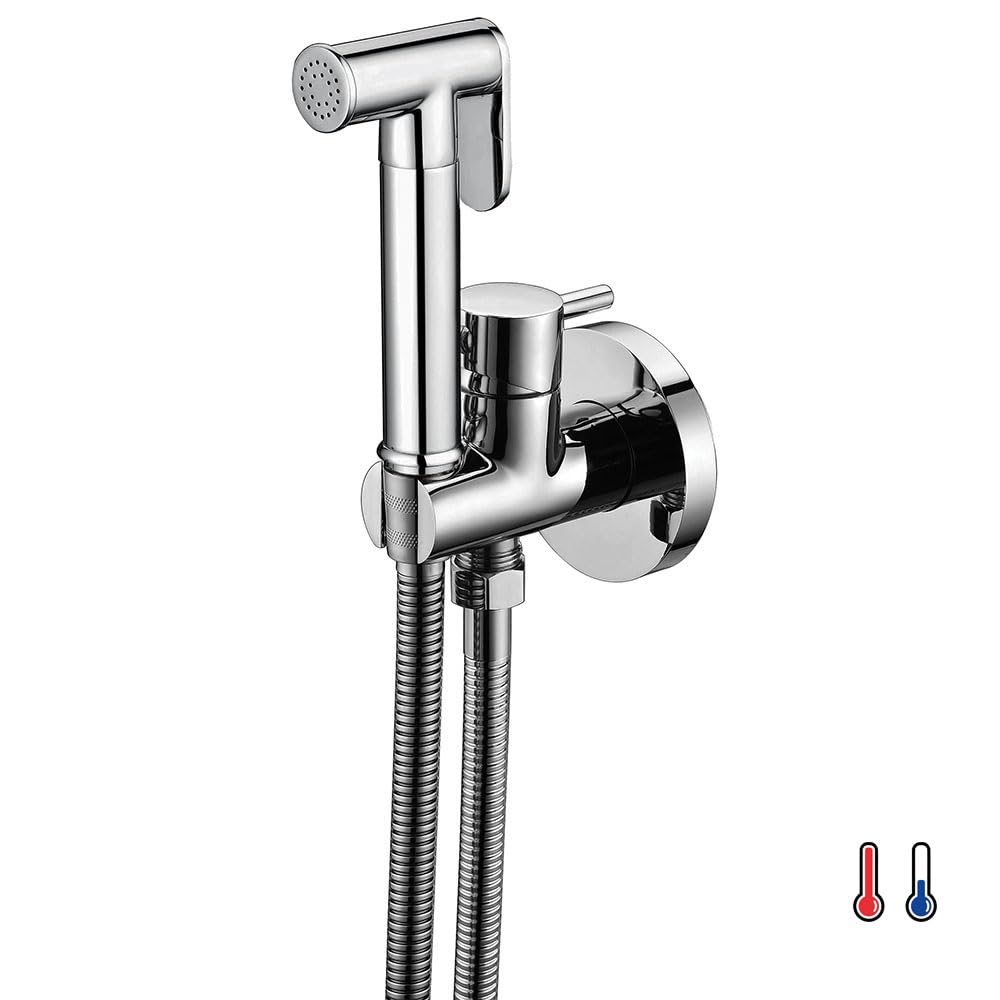 Kibath L473551 Grifo para el WC, higiene íntima para sustitución del Bidet, Monomando Agua fría y Caliente con Ducha de Mano. Diseño Redondo, Cromo Brillo