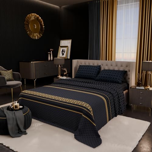 Image of Stoa Paris 100% Bamboo Cotton King Size Bedsheet with 2 Pillow Covers, 200TC Printed Bedding Set, Breathable, All-Season Comfort, Aesthetic Home Decor, Imperial Grandeur - Obsidian Suite(228cmx274cm)