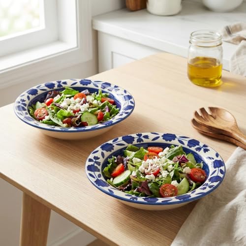 Image of Ceramic Pasta Bowls Set of 2 | 7 Inch Handmade Deep Soup Plates | Microwave Oven Safe Serving Bowls | Floral Hand-Painted Stoneware Salad Bowls (2, Blue & White)