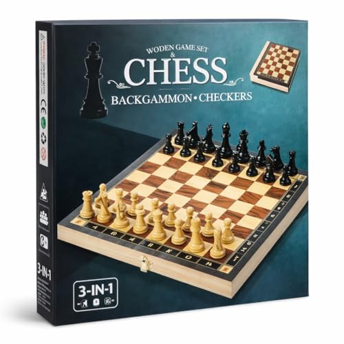Image of Premium Wooden Chess Set, 3-in-1 Board Game with Backgammon and Checkers, Foldable