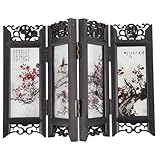 LUOZZY 4-Panel Asian-Style Folding Screen - Multicolored Floral Room Divider with Distressed Finish - Decoration & Partition