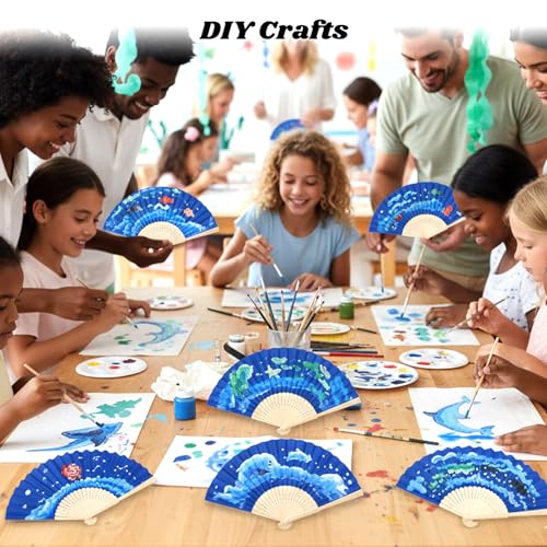 image for JOHOUSE 12 Pcs Paper Folding Hand Fans, 8.3 Inch Dark Blue Paper Fans 