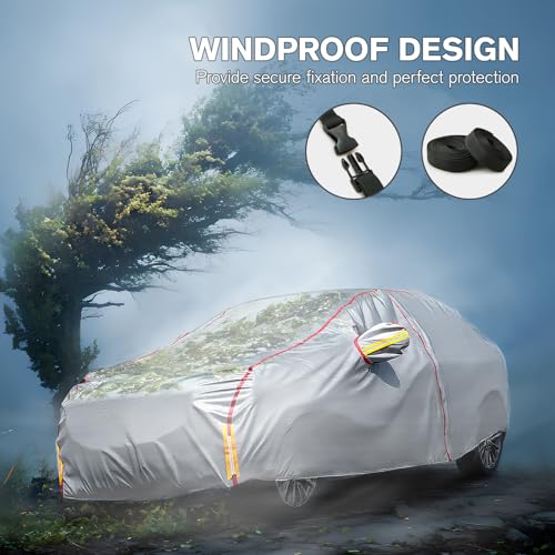 Image of Car Cover Waterproof All Weather, 6 Layers Full Exterior Covers with Zipper Cotton, Mirror Pocket. Outdoor Car Cover UV Snow Rain Wind Dust All Weather Outdoor Protection for Sedan (196-210 inch)