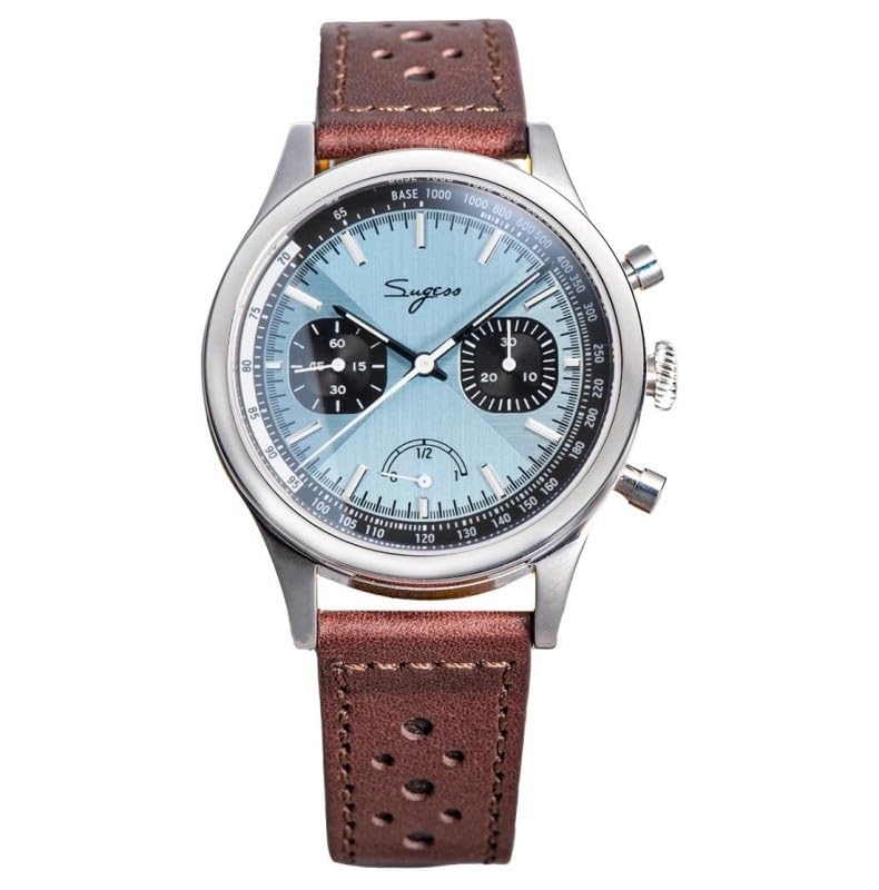 Modello: Sugess Teal Blue Vintage S438 Movimento: Meccanico Sea-Gull ST1901 a carica manuale Cassa: Acciaio inossidabile 316L spazzolato/lucido, diam. 41 mm, Lug to lug 50 mm, spess. 14 mm Quadrante: Azzurro, Piccoli secondi, riserva di carica, lancette dei minuti crono, lancette luminose