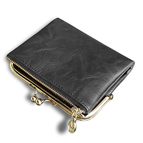Image of AOXONEL Womens Wallet Small Rfid Ladies Compact Bifold Leather Vintage Coin Purse With Zipper and Kiss Lock, Grey, Small, Vintage