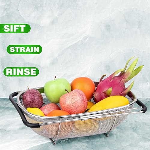 Image of KRESHU Stainless Steel Oval Fine Mesh Colander Strainer with Rubber Grip Handle| Multi-Functional Large Over The Sink Basket Expandable Drainer for Rinse Vegetables Fruits 35.6x25.4x11.4 (Pack of 1)