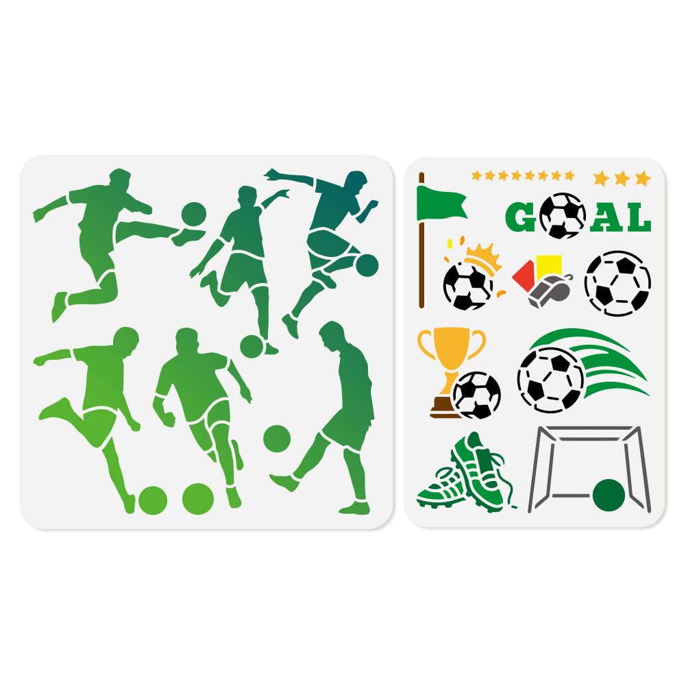 DOODLREAM 2Pcs Play Football Stencils for Painting, Reusable Plastic Soccer Player Stencil Drawing Templates, Sport DIY Craft Paint Templates for Wall Home Decor Wood Burning Canvas Card Journal Paper