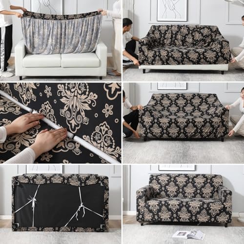 Image of HOKIPO Elastic Stretchable Universal Sofa Cover 3 Seater (AR-4095-D8-Black Damask)