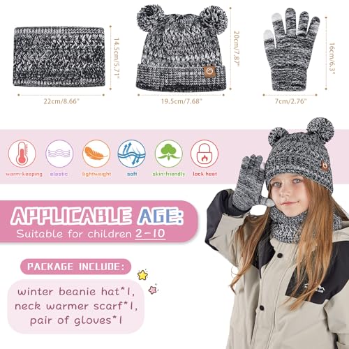 Image of Kids Winter Hat Gloves Scarf Set,Toddler Girls Winter Hat Kids Beanie with Pom Neck Warmer Gaiter Mittens Fleece Lined Set