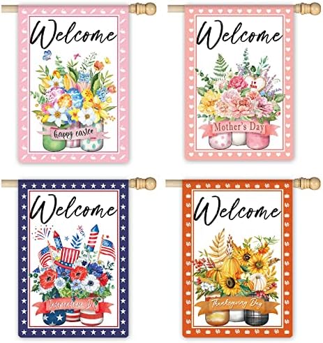 4Pcs 28 x 40 Inch Seasonal Garden Flag Set Happy Easter, Happy Mother's Day, Independence Day, Memorial Day, Holiday, Patriotic, 4th Of July, Thanksgiving Day Spring, Summer, Fall Glass Mason Jar Yard Flags Double Sided Print Vertical Summer Fall Winter Decorations for Home Outdoor Lawn