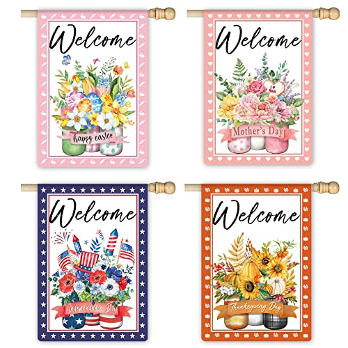 4Pcs 28 X 40 Inch Seasonal Garden Flag Set Happy Easter, Happy Mother's Day, Independence Day, Memorial Day, Holiday, Patriotic, 4Th Of July, Thanksgiving Day Spring, Summer, Fall Glass Mason Jar Yard Flags Double Sided Print Vertical Summer Fall Winter Decorations For Home Outdoor Lawn #TOP2