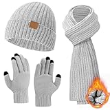 Hellgrau Mütze Schal Handschuhe Set für Damen und Herren - Touchscreen Winterhandschuhe, Wintermütze, Winterschal - Geschenke für Frauen zu Weihnachten
