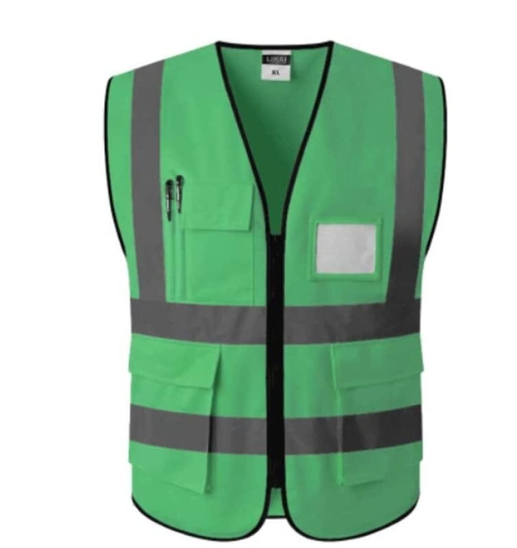 chaleco reflectante, Chaleco de seguridad alta visibilidad, chaleco construcción Ropa trabajo reflectante y transpirable con bolsillos cremalleras(Blu-Large)