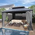 12' x 14' Hardtop Gazebo,Outdoor Galvanized Steel Metal Double Roof Gazebo with Curtains and Netting for Patios,Gardens,Lawns,Grey